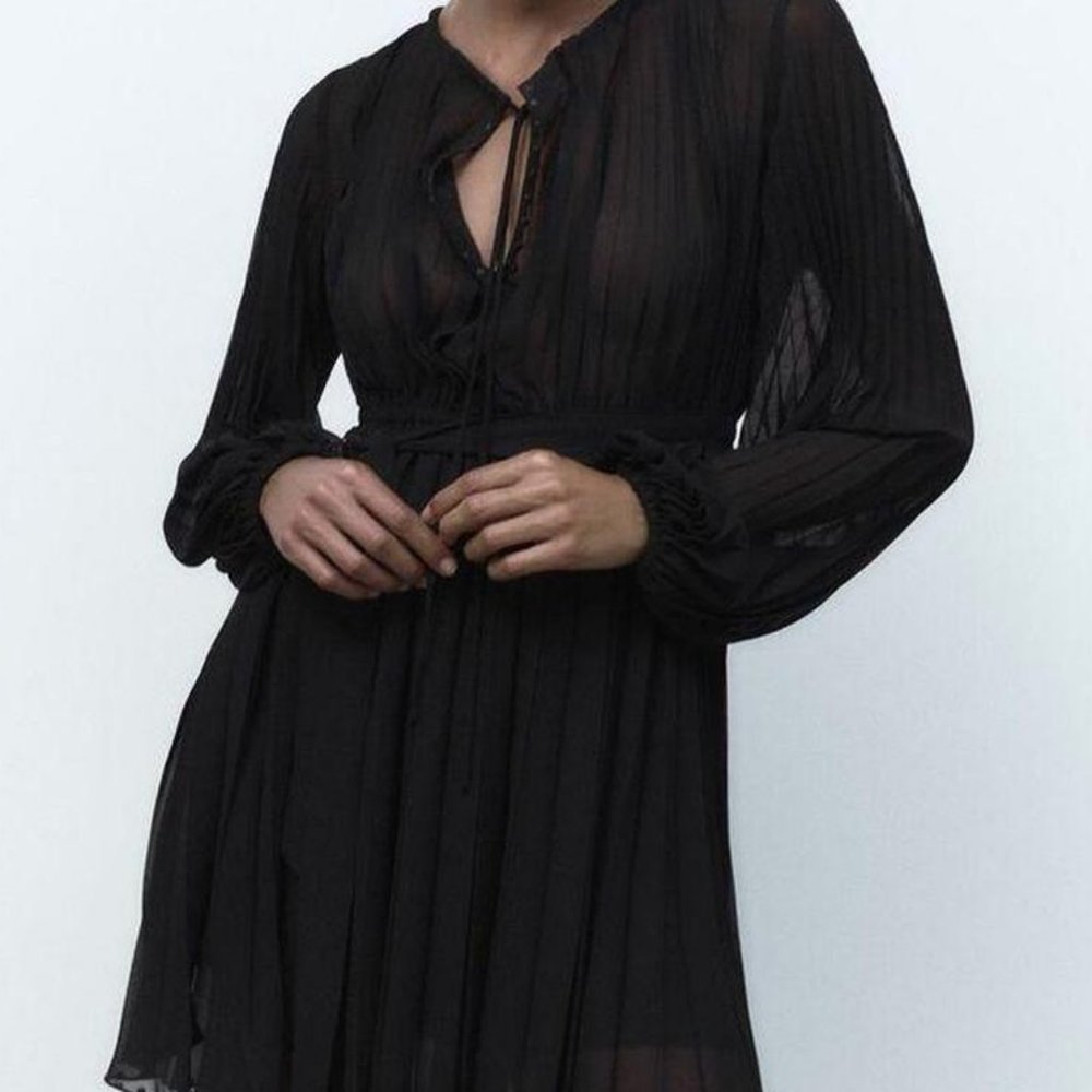 Zara black sheer pleated dress with belt, size M, NWT